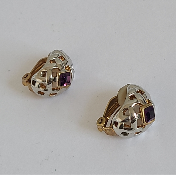 Vintage Lattice Silver Gold Two Tone Purple Crystal Chunky Clip On Earrings - Picture 10 of 13